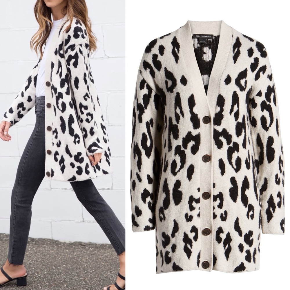 SOMETHING NAVY LEOPARD CARDIGAN SZ M - Picture 3 of 8
